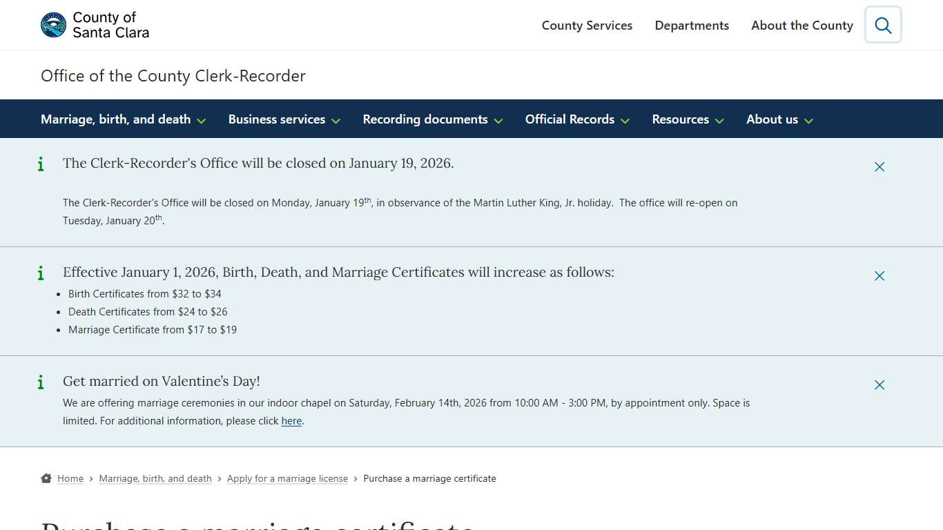 Purchase a marriage certificate | Office of the County Clerk-Recorder | County of Santa Clara